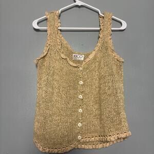 Vintage 90’s Women’s RICO Knit Tank Top Shirt Beige Hippie Festival Boho Cottage